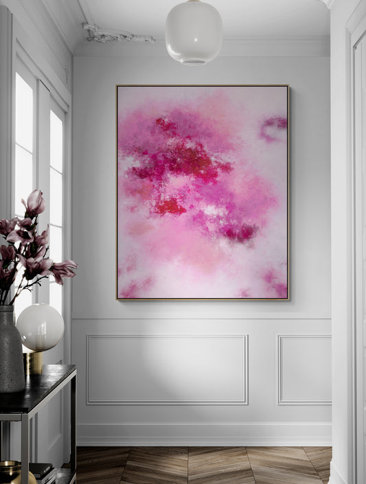 "Ruby Embrace" is a bold statement piece featuring dynamic yet soft and flowing reds, pinks, and whites. This vibrant painting combines energy and tranquility, creating a captivating visual experience with its harmonious blend of colours and graceful movement.